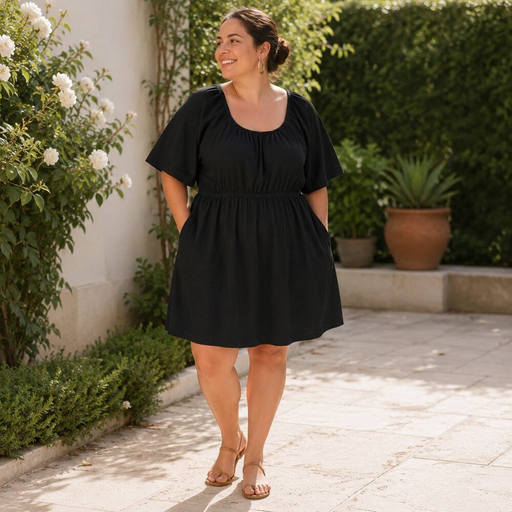 Pact Luxe Jersey Flutter Sleeve Dress XL Black Organic Cotton Pockets EUC